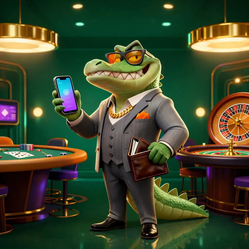 An alligator in a suit holding a smartphone and a wallet against the background of a casino.