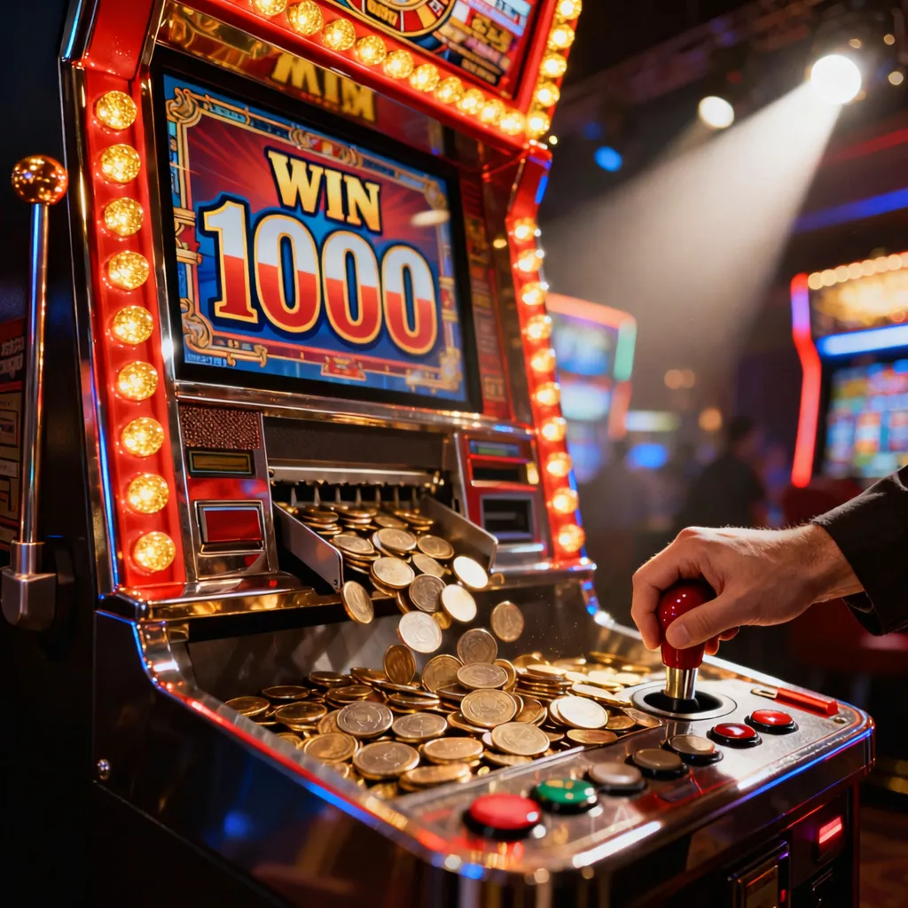 يد على آلة قمار مع عملات تتساقط من الفتحة وكلمة "WIN 1000".