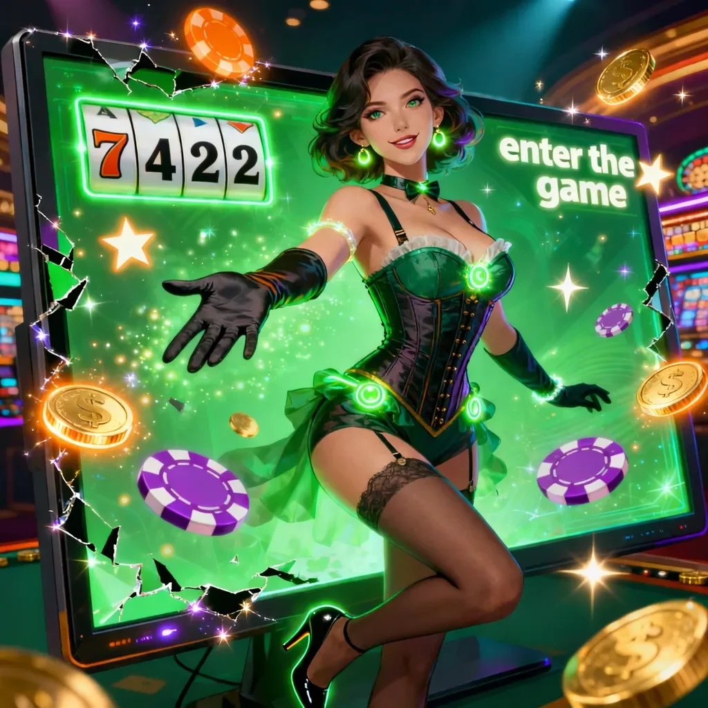 A woman in a costume next to a slot machine.