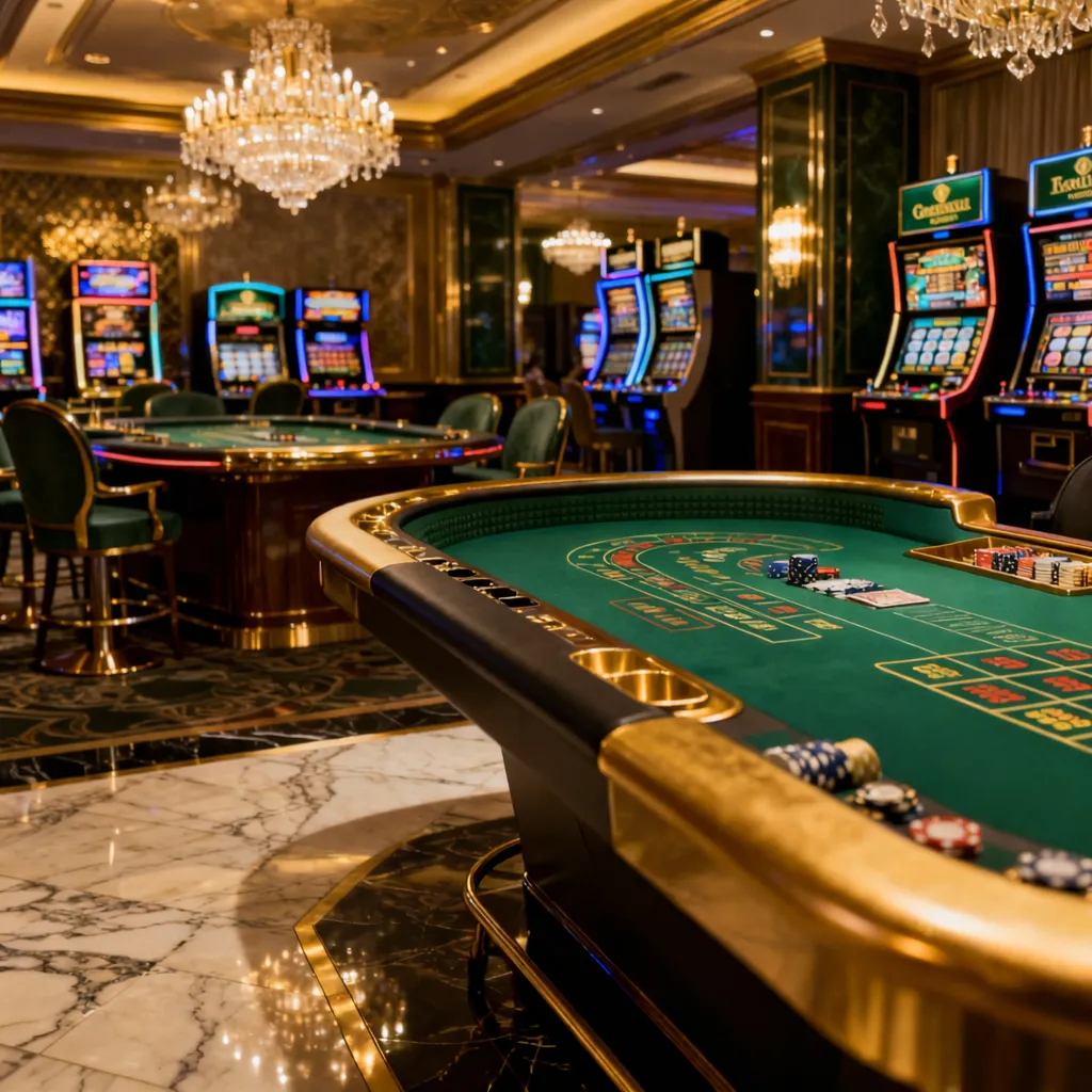 A luxurious casino with slot machines and gaming tables, surrounded by crystal chandeliers.